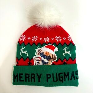 Merry Pugmas Green & Red Christmas Pug Dog & Pom Beanie